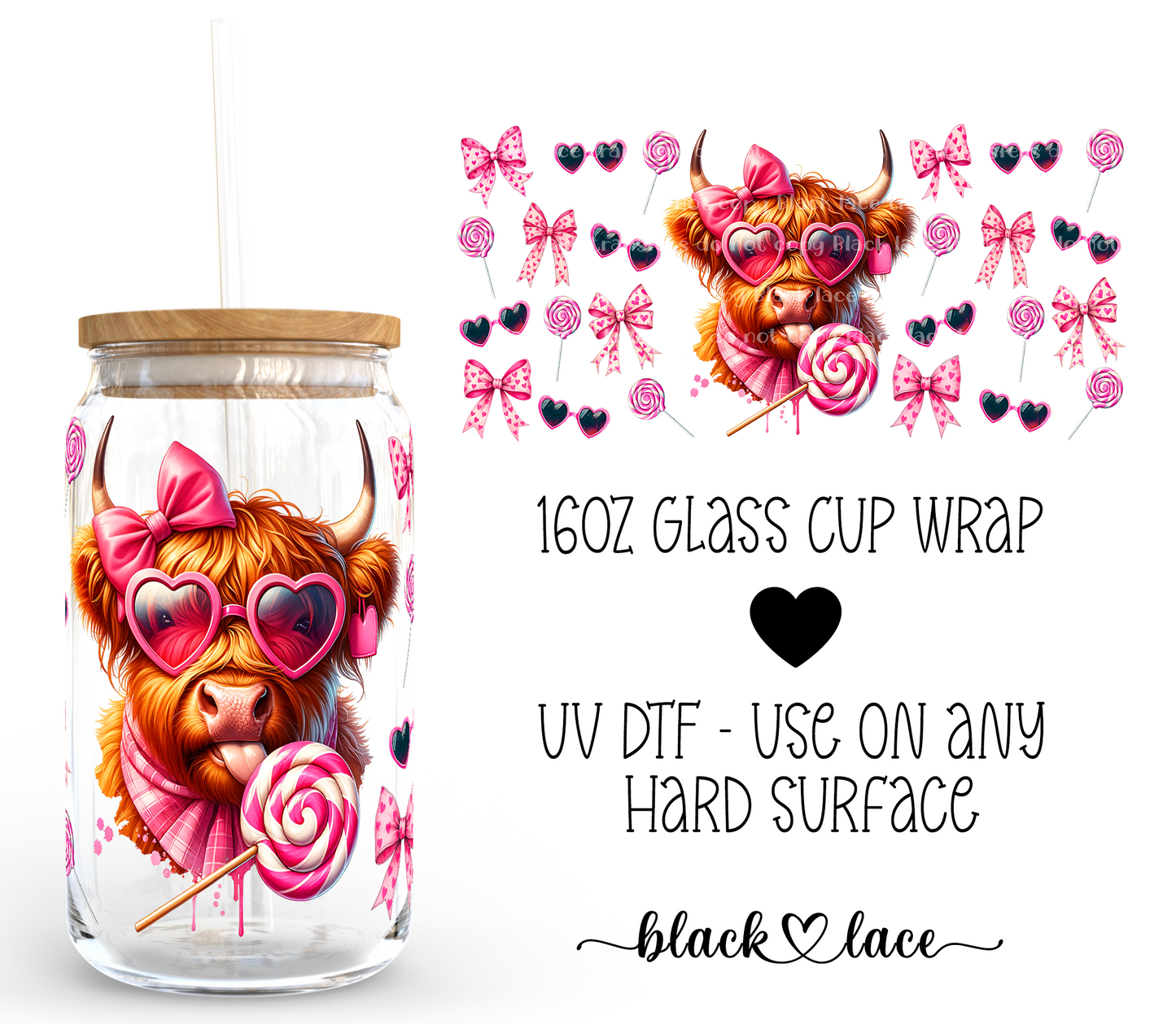 Highland Cow Hearts ~ 16 oz cup wrap