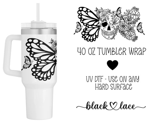 Butterfly Skull Black ~ 40oz cup wrap