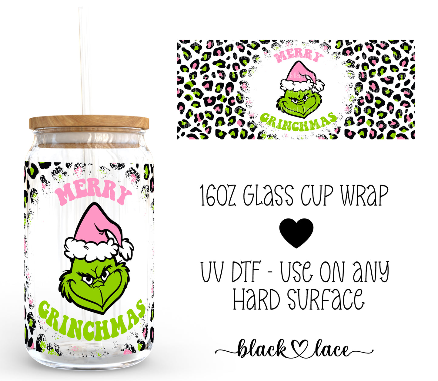 Merry Grinchmas Leopard Pink ~16oz cup wrap