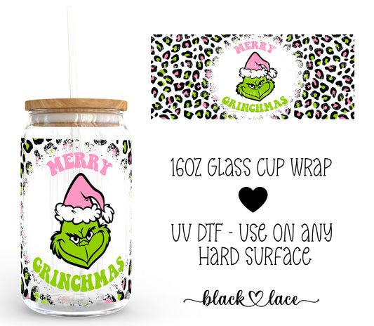 Merry Grinchmas Leopard Pink ~16oz cup wrap