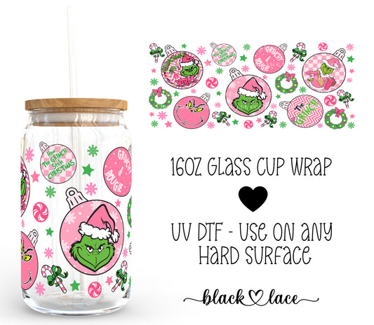 Grinch Decorations Pink ~16oz cup wrap