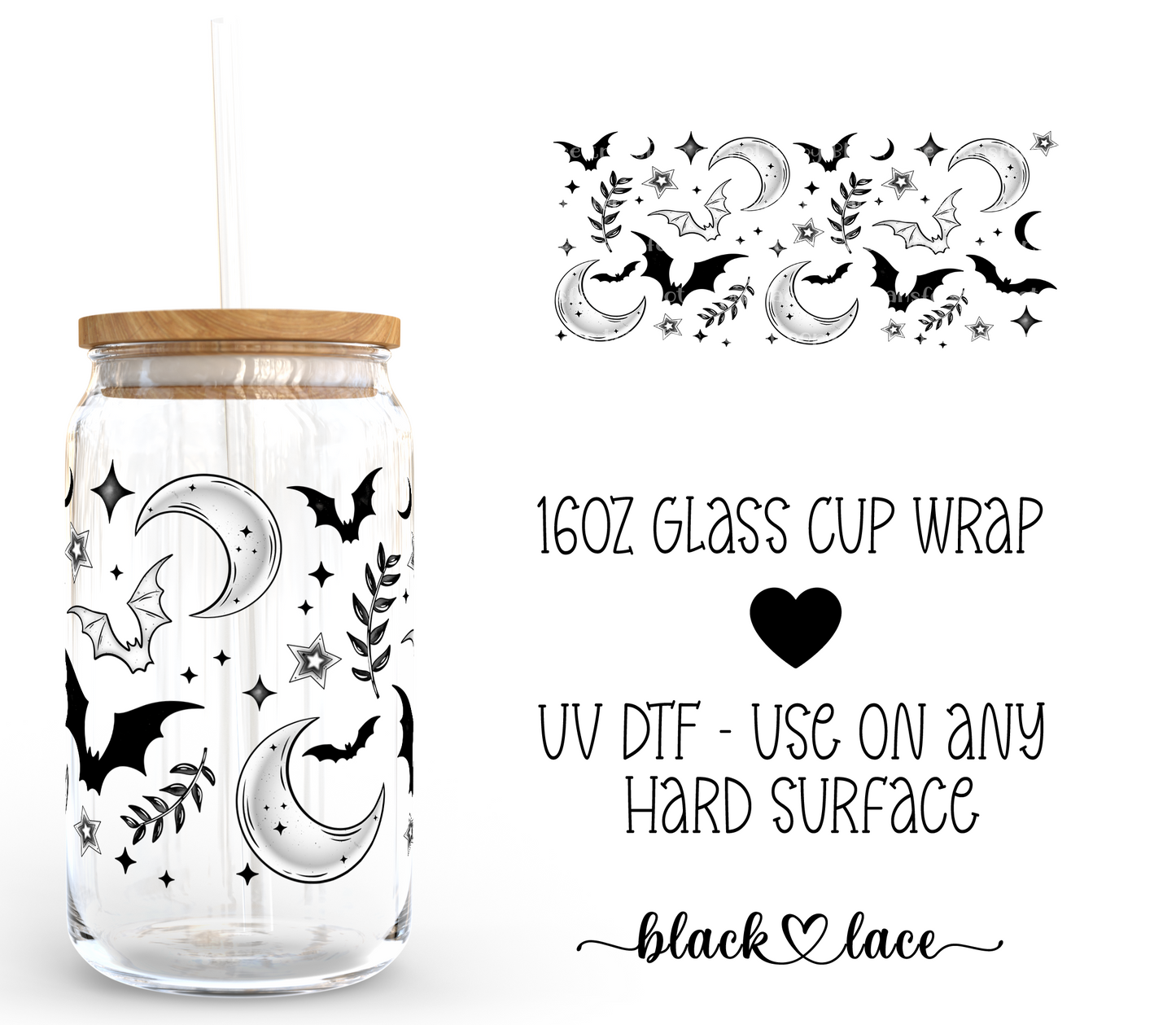 Bats Stars Moons Black ~16oz cup wrap