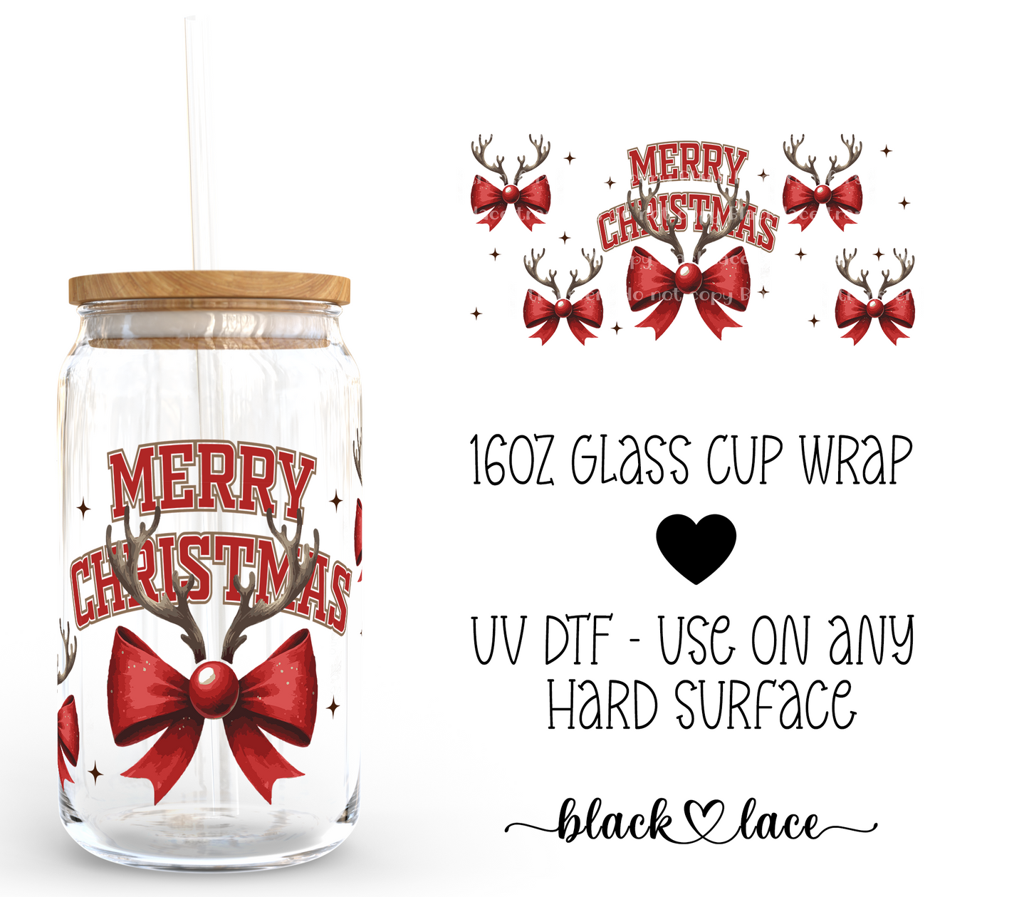 Merry Christmas Reindeer Bow ~ 16oz cup wrap