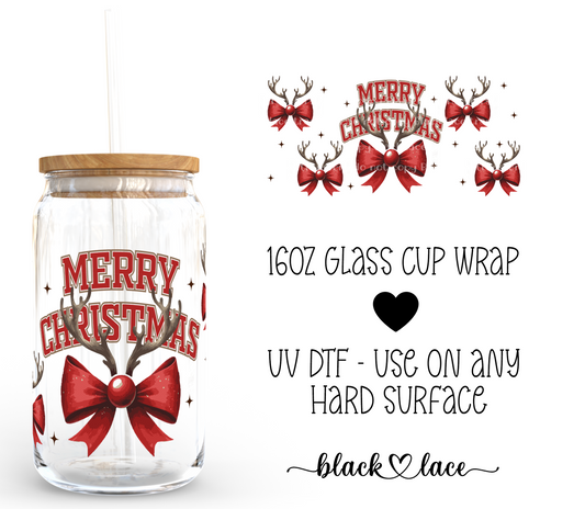 Merry Christmas Reindeer Bow ~ 16oz cup wrap