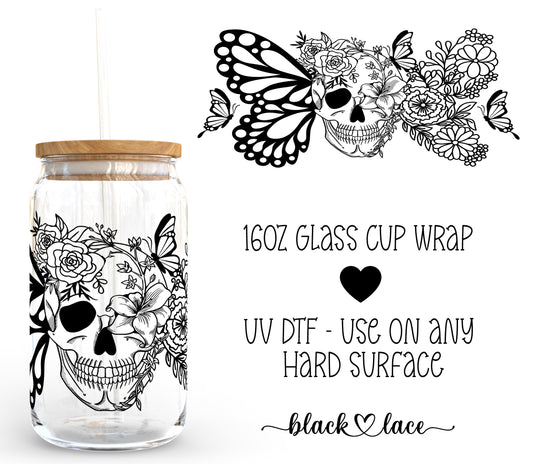 Butterfly Skulls Black ~16oz cup wrap