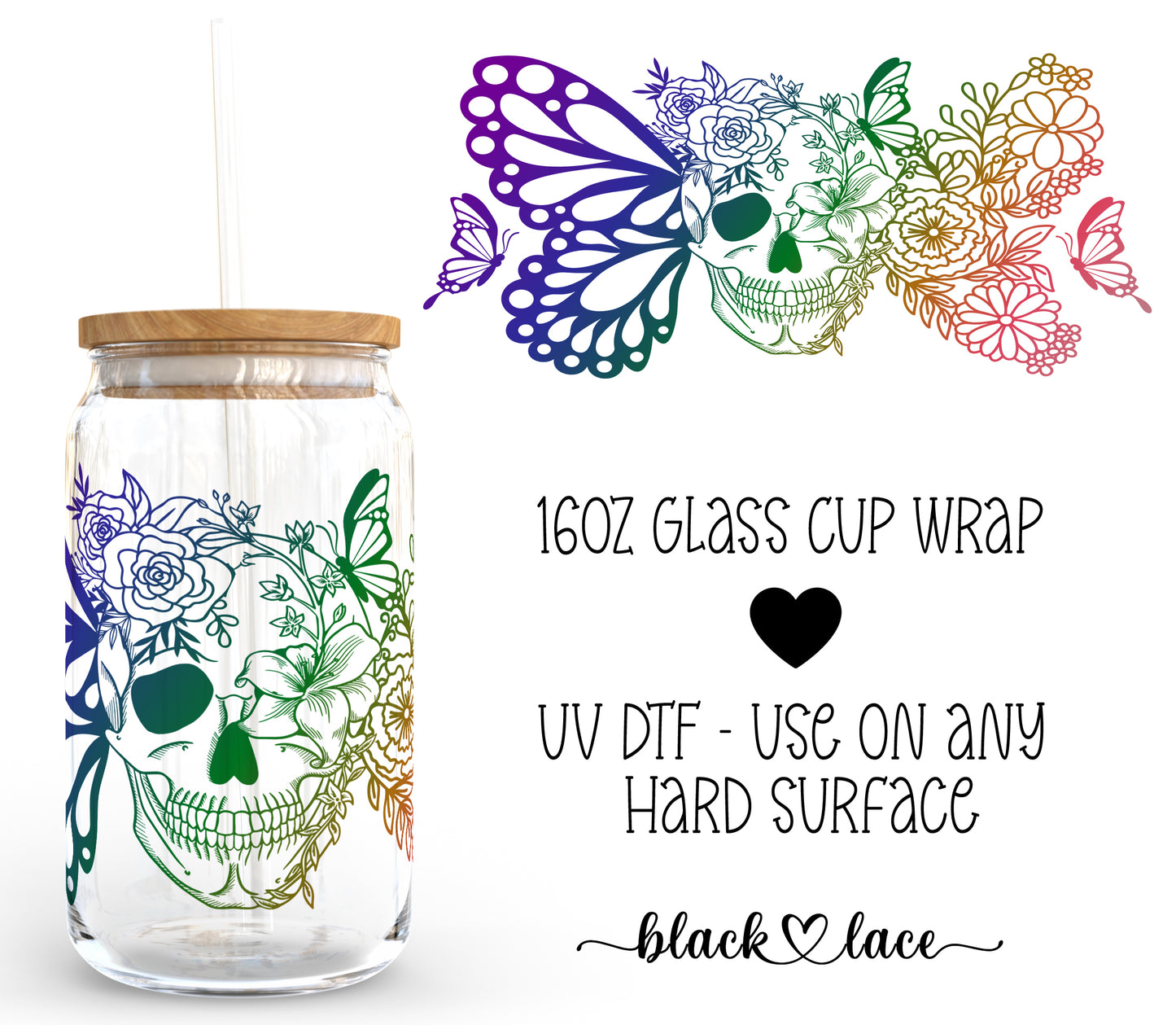 Butterfly Skulls Rainbow ~16oz cup wrap