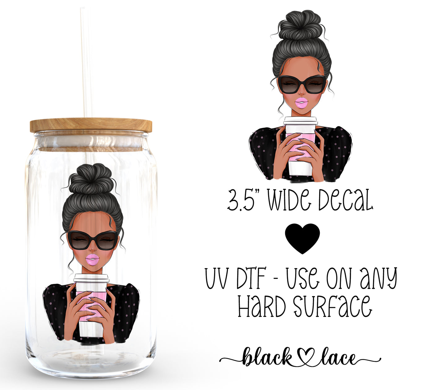 Coffee & Messy Bun Black Hair ~ Decal